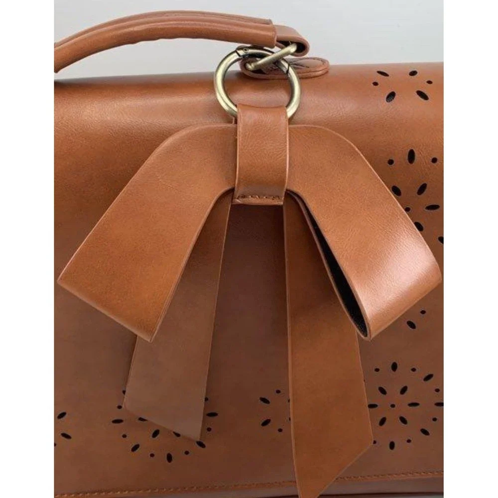 ECOSUSI Laser Cut Bow Laptop Satchel Crossbody Bag Cognac Brown NWOT
